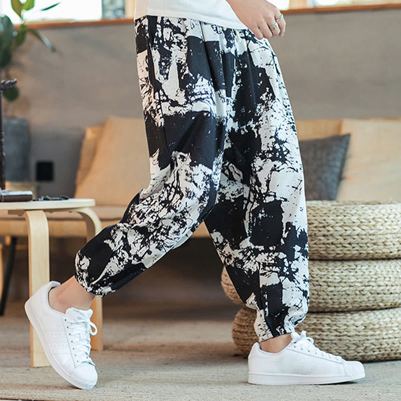 Pantalones harén de lino y algodón con cordón y bolsillos para hombre, con diseño de tinta blanca y negra y Buddha Stones - image 6