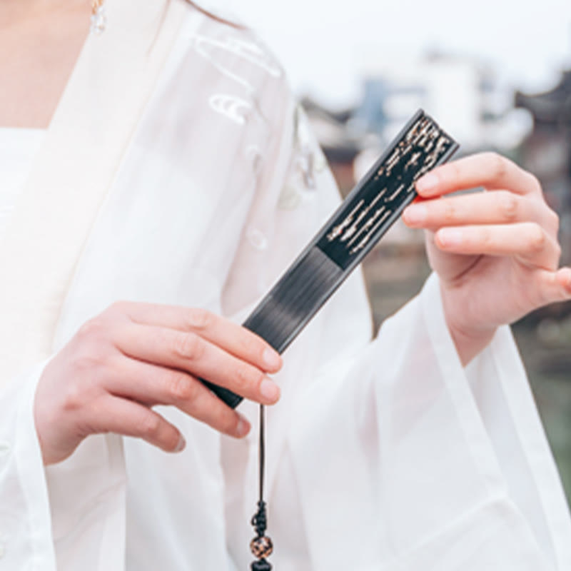 Abanico plegable de bambú de mano con grullas de flores de ciruelo y Buddha Stones