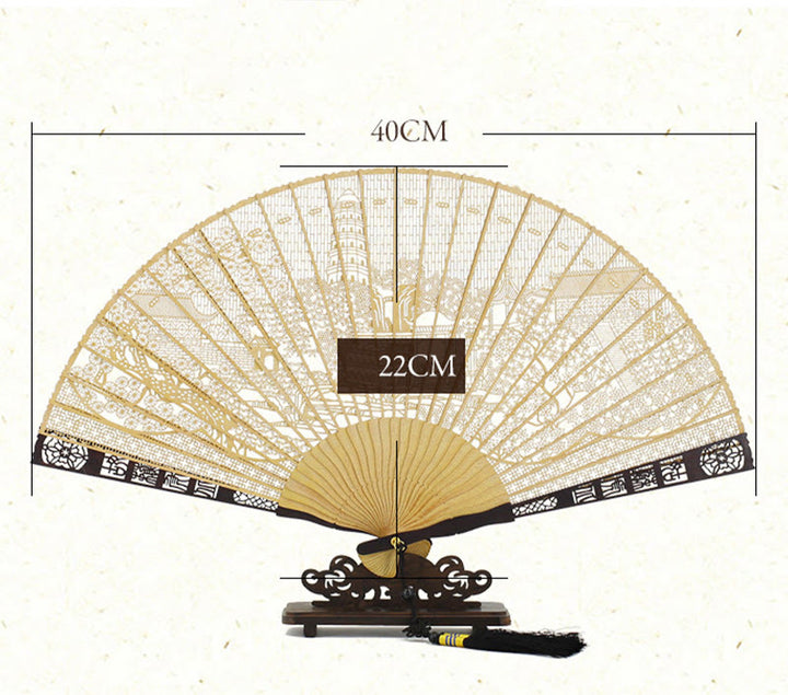 Abanico plegable de madera birmana de mano con diseño de la colina del tigre y tallado hueco de Buddha Stones en el jardín de Suzhou