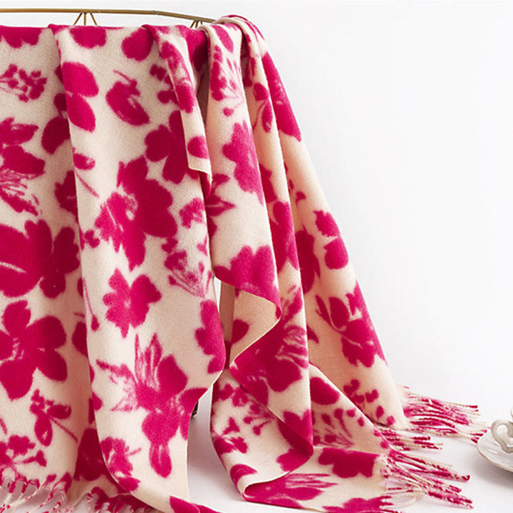 Chal con borlas y estampado de ramas de flores de rosas tibetanas con Buddha Stones para otoño e invierno, bufanda suave y cálida