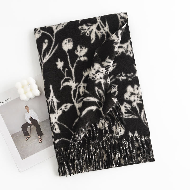 Chal tibetano con Buddha Stones y estampado de ramas de flores florecientes, borlas, bufanda cálida y acogedora para otoño e invierno