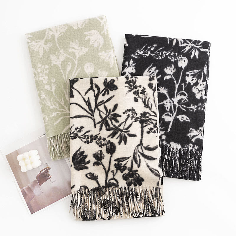 Chal tibetano con Buddha Stones y estampado de ramas de flores florecientes, borlas, bufanda cálida y acogedora para otoño e invierno
