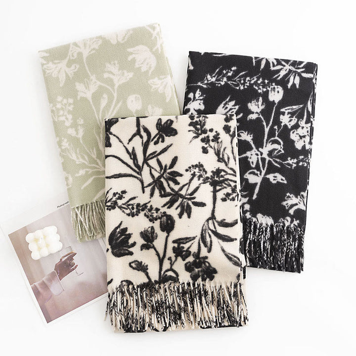 Chal tibetano con Buddha Stones y estampado de ramas de flores florecientes, borlas, bufanda cálida y acogedora para otoño e invierno