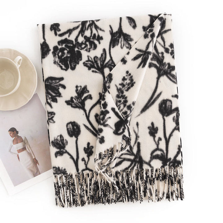 Chal tibetano con Buddha Stones y estampado de ramas de flores florecientes, borlas, bufanda cálida y acogedora para otoño e invierno