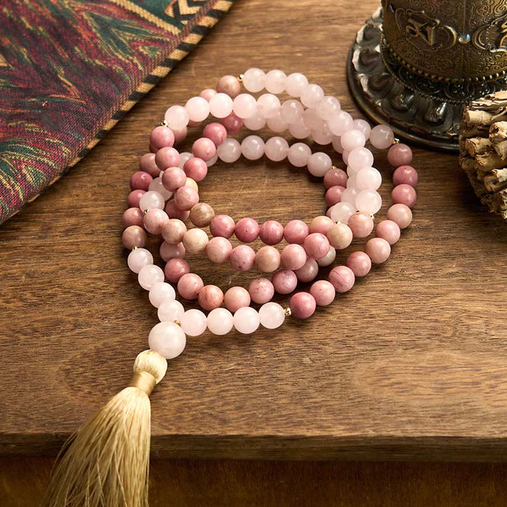 Pulsera curativa con borlas de cuarzo rosa y rodonita con 108 cuentas de mala de Buddha Stones