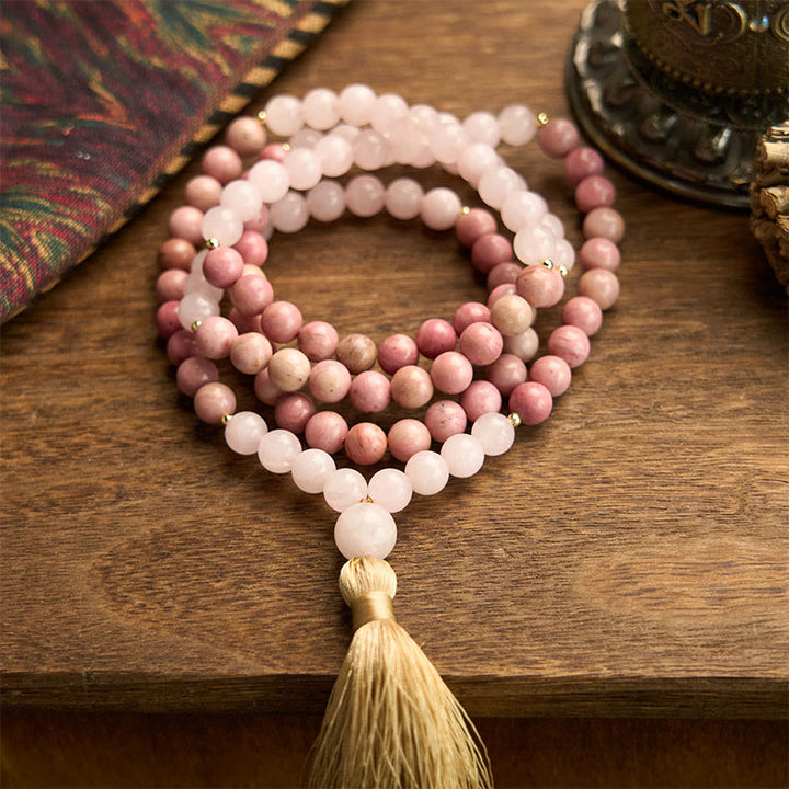 Pulsera curativa con borlas de cuarzo rosa y rodonita con 108 cuentas de mala de Buddha Stones