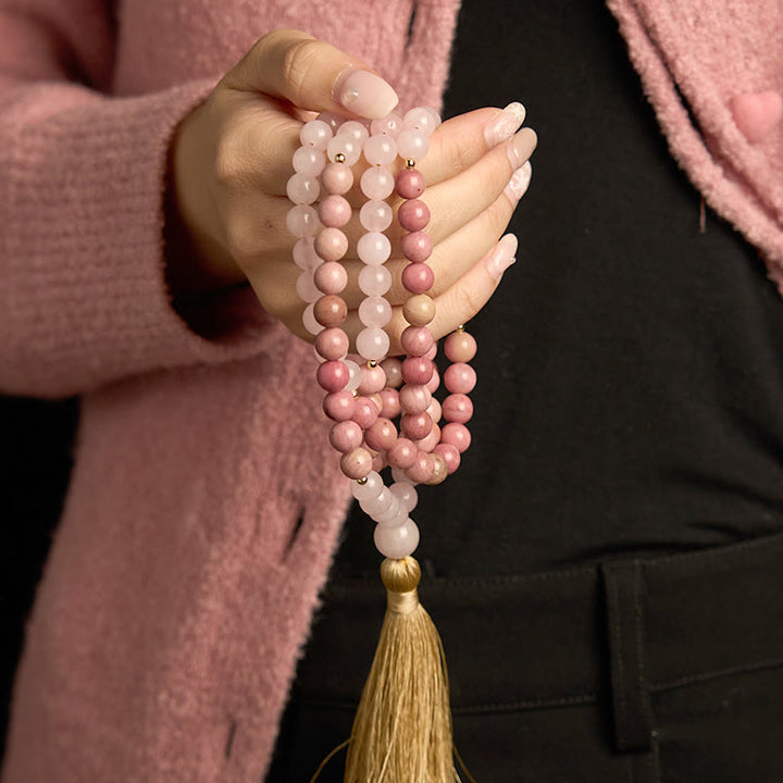Pulsera curativa con borlas de cuarzo rosa y rodonita con 108 cuentas de mala de Buddha Stones