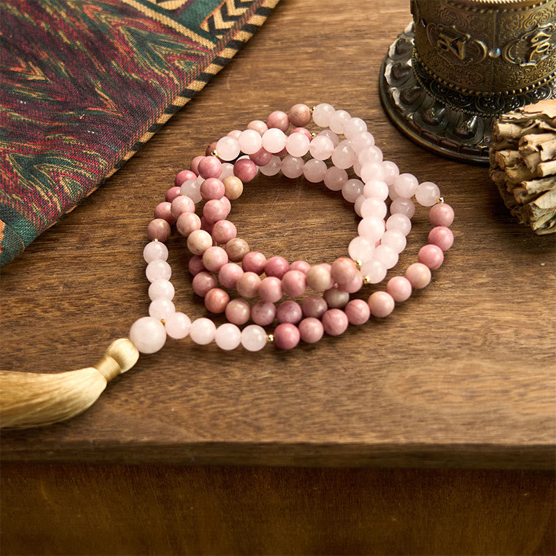 Pulsera curativa con borlas de cuarzo rosa y rodonita con 108 cuentas de mala de Buddha Stones