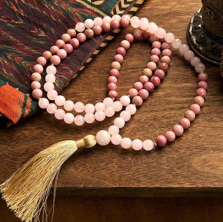 Pulsera curativa con borlas de cuarzo rosa y rodonita con 108 cuentas de mala de Buddha Stones