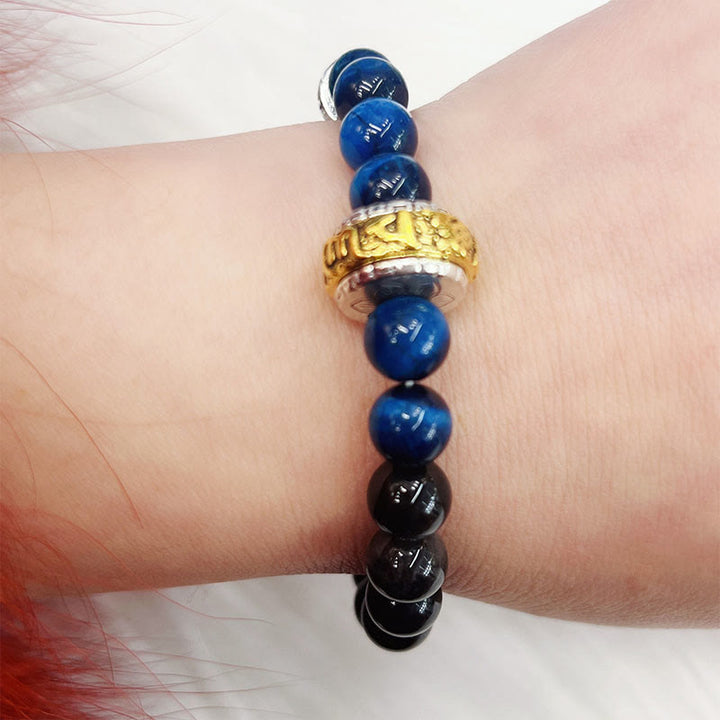 Pulsera protectora de obsidiana azul con ojo de tigre y Buddha Stones con brillo plateado