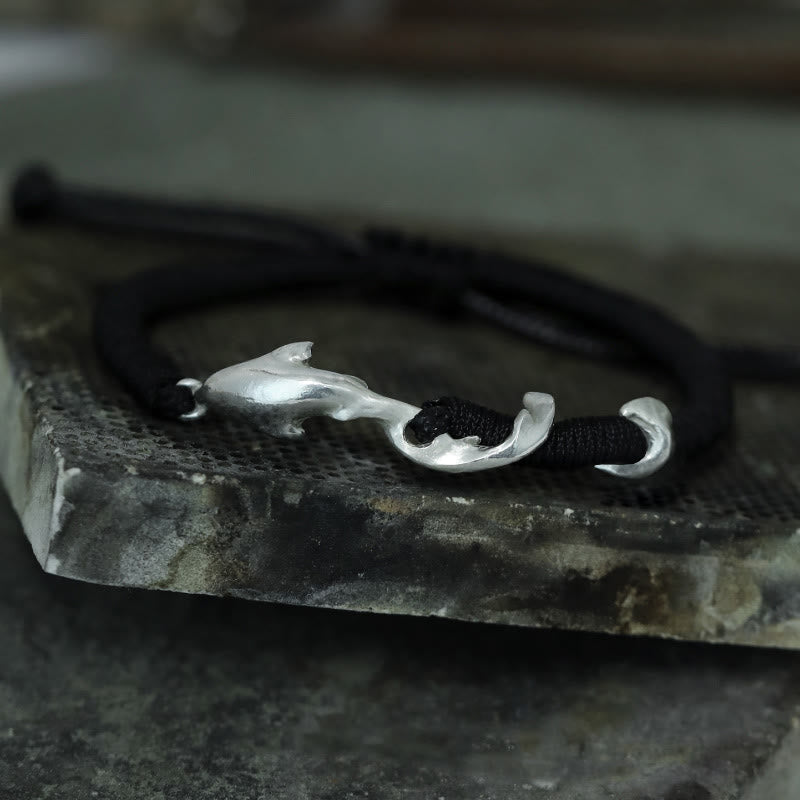 Pulsera de protección con cuerda de cera negra y tiburón en plata de ley 999 con Buddha Stones - image 17