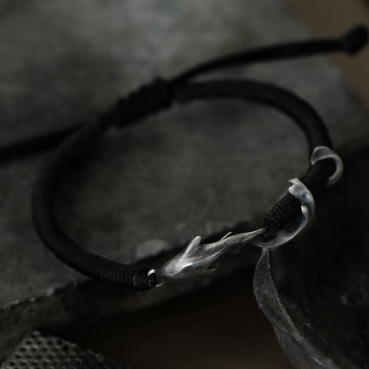 Pulsera de protección con cuerda de cera negra y tiburón en plata de ley 999 con Buddha Stones - image 11