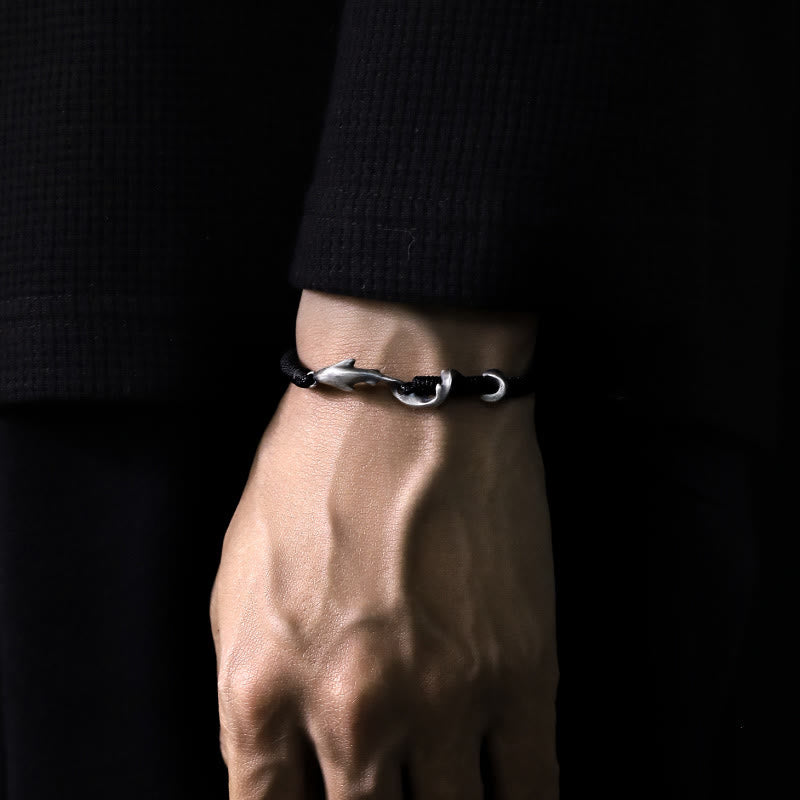 Pulsera de protección con cuerda de cera negra y tiburón en plata de ley 999 con Buddha Stones - image 14