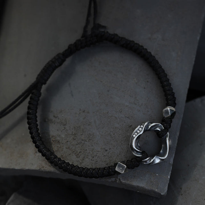 Pulsera de protección con cuerda de cera negra y hebilla de paz de plata de ley 999 con Buddha Stones - image 1