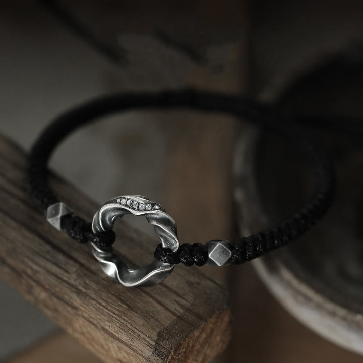 Pulsera de protección con cuerda de cera negra y hebilla de paz de plata de ley 999 con Buddha Stones - image 3