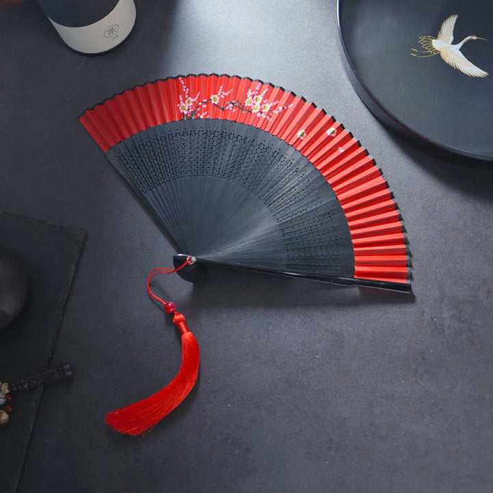 Abanico plegable de bambú con pintura en aerosol de tela de lino y algodón hecho a mano con diseño de Buddha Stones