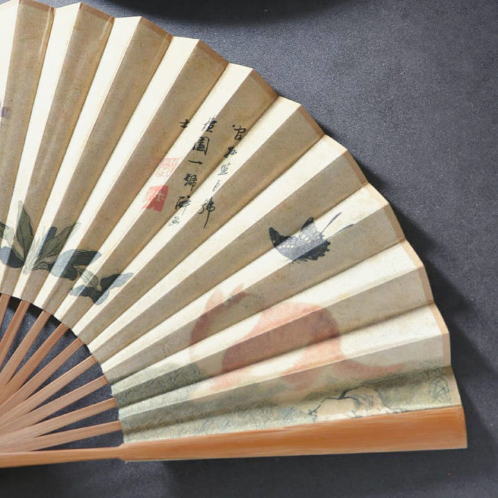 Abanico plegable de bambú con diseño de Buddha Stones , gato y flores, de tela de lino y algodón