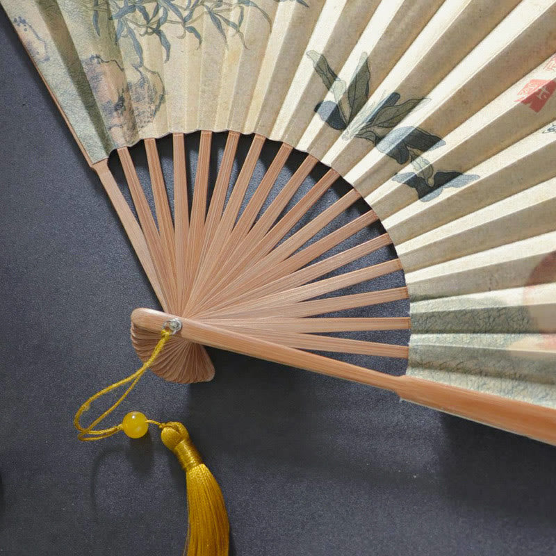 Abanico plegable de bambú con diseño de Buddha Stones , gato y flores, de tela de lino y algodón