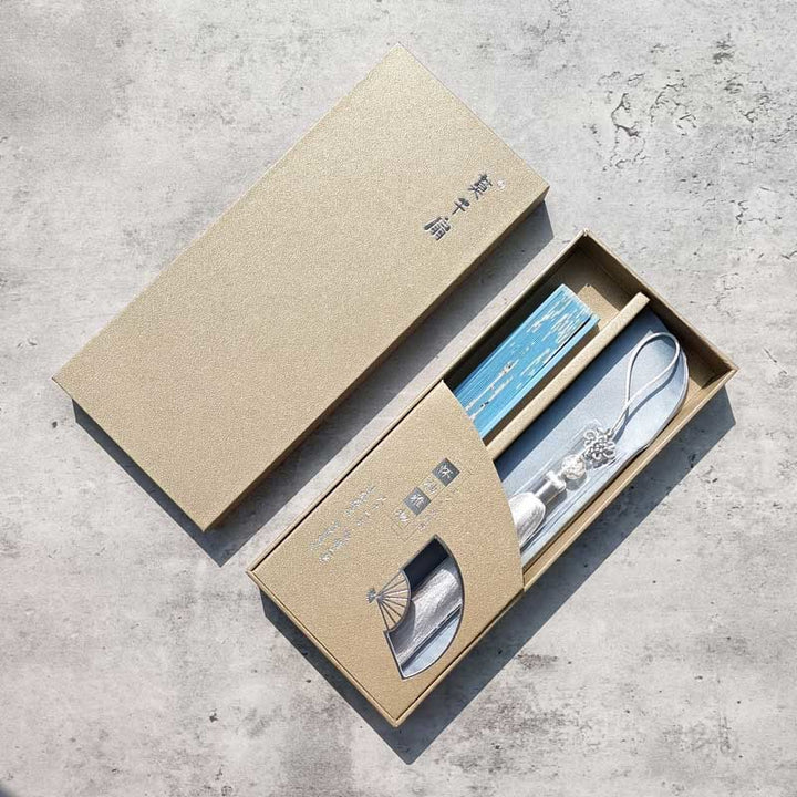 Abanico plegable de bambú y seda con diseño de grulla y ciruelo en flor y Buddha Stones