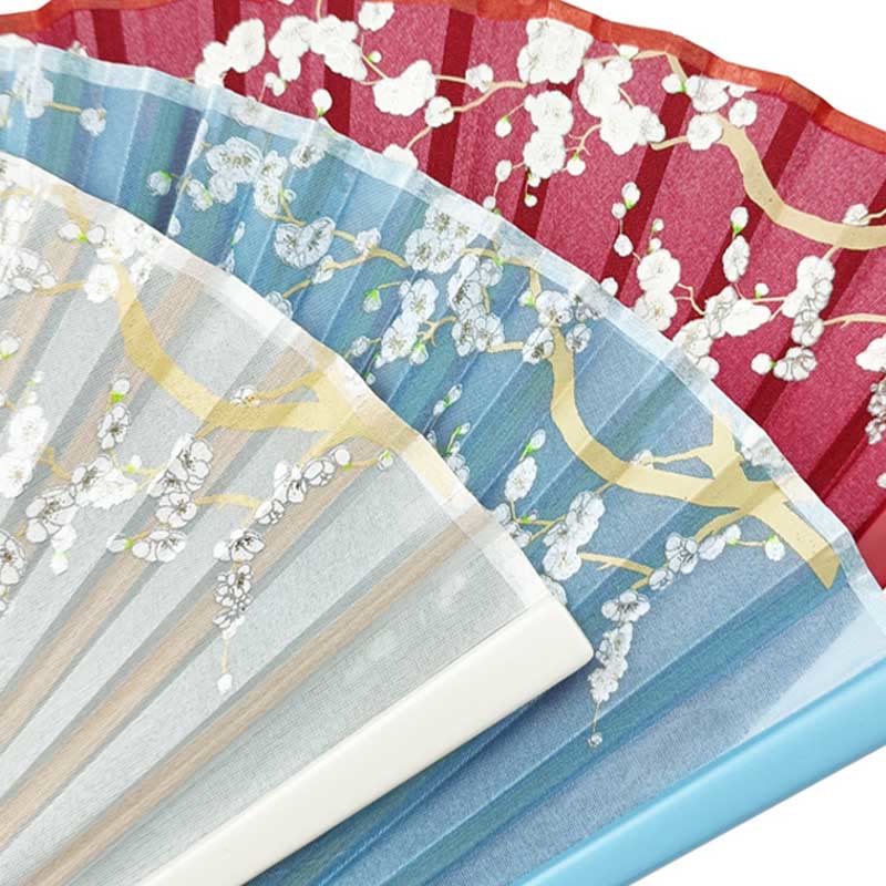 Abanico plegable de bambú y seda con diseño de grulla y ciruelo en flor y Buddha Stones