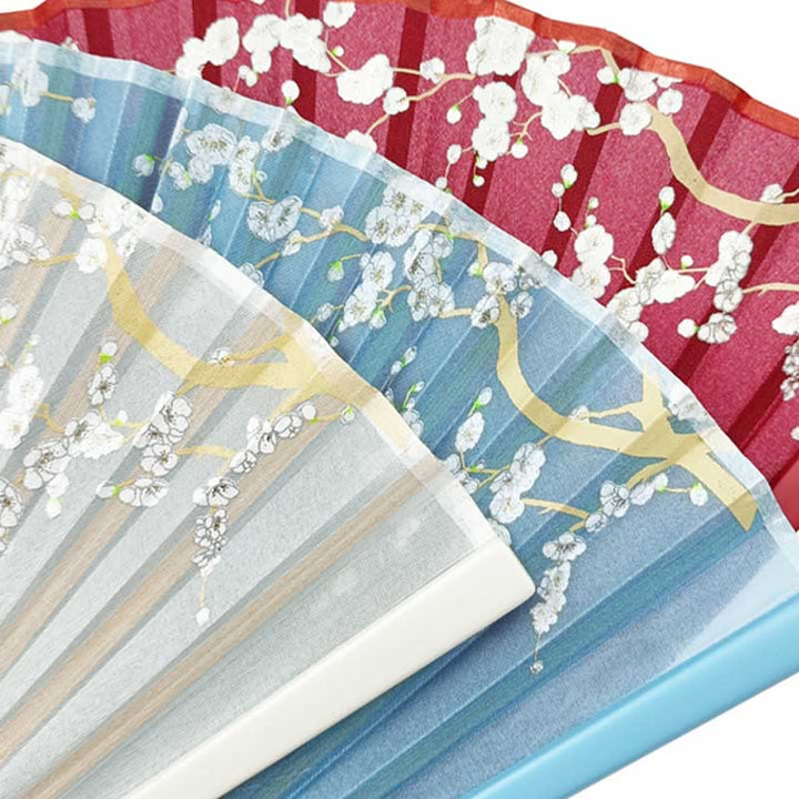 Abanico plegable de bambú y seda con diseño de grulla y ciruelo en flor y Buddha Stones