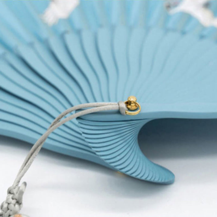 Abanico plegable de bambú y seda con diseño de grulla y ciruelo en flor y Buddha Stones