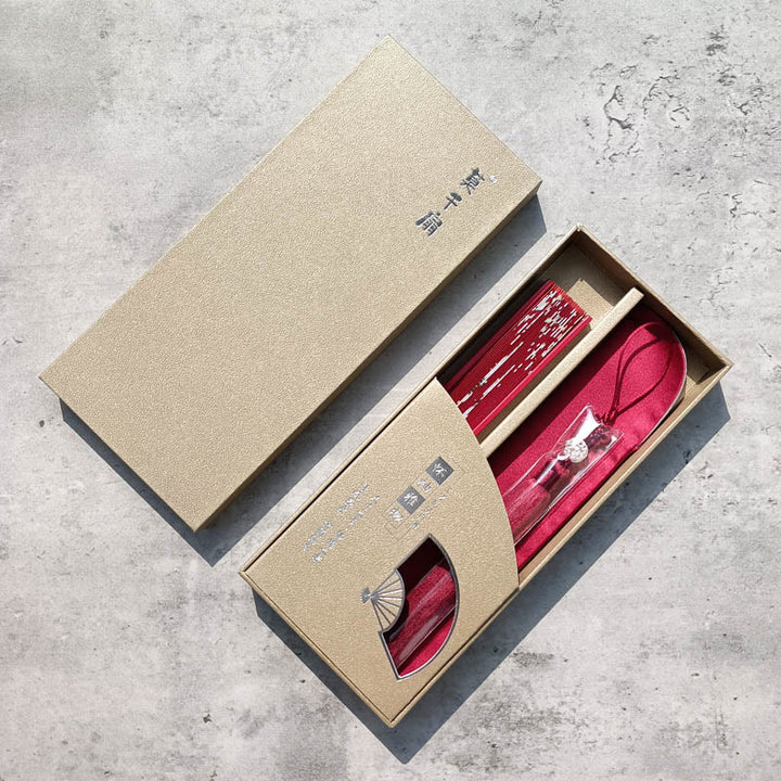 Abanico plegable de bambú y seda con diseño de grulla y ciruelo en flor y Buddha Stones