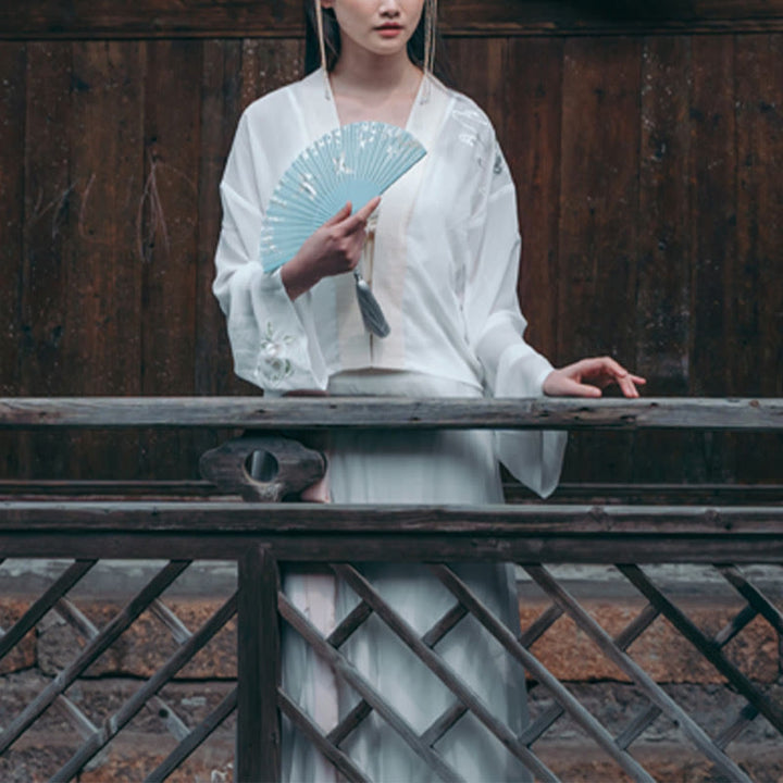 Abanico plegable de bambú y seda con diseño de grulla y ciruelo en flor y Buddha Stones