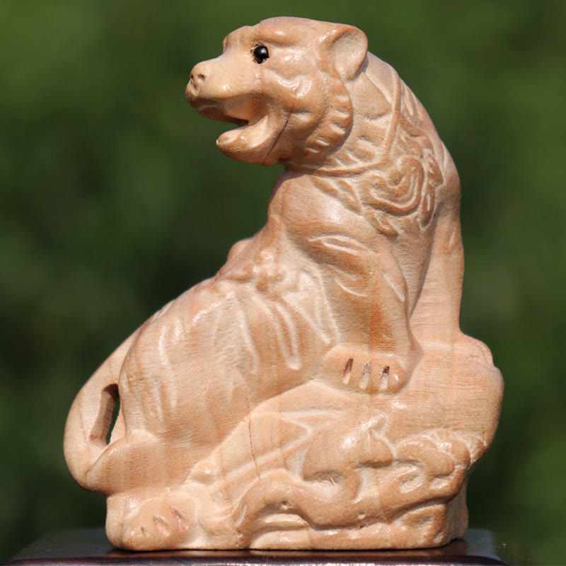 Estatua de madera de durazno con el símbolo Fu del zodiaco chino del año de la serpiente y Buddha Stones para decoración del hogar - Tigre subiendo la montaña - Altura 11,5cm - image 15