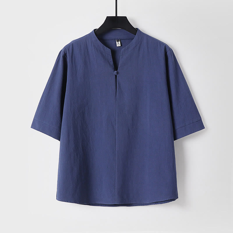 Camisa de lino y algodón con un botón y manga tres cuartos de color liso para hombre con Buddha Stones - Azul oscuro - US/UK/AU54, EU64 (9XL) - image 4