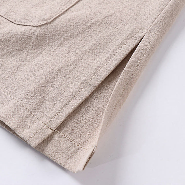 Buddha Stones Camisa informal de lino y algodón con botones delanteros y mangas tres cuartos de color liso para hombre con bolsillos