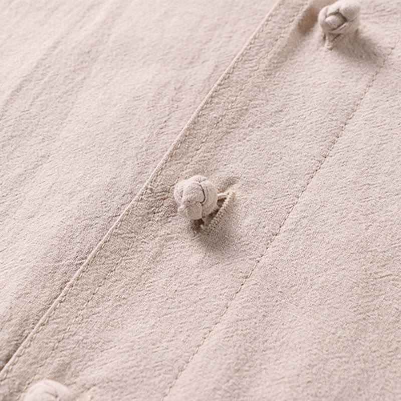 Buddha Stones Camisa informal de lino y algodón con botones delanteros y mangas tres cuartos de color liso para hombre con bolsillos