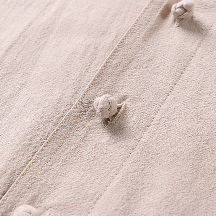 Buddha Stones Camisa informal de lino y algodón con botones delanteros y mangas tres cuartos de color liso para hombre con bolsillos