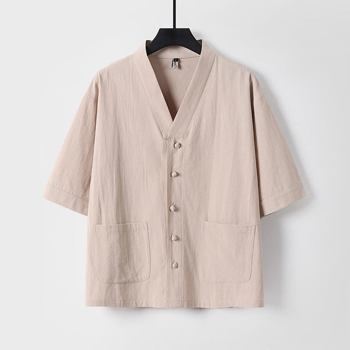 Buddha Stones Camisa informal de lino y algodón con botones delanteros y mangas tres cuartos de color liso para hombre con bolsillos