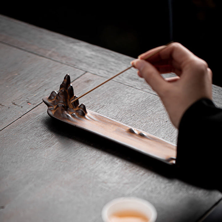 Quemador de incienso de cerámica con diseño de barco, montaña y Buddha Stones , curación espiritual, decoración