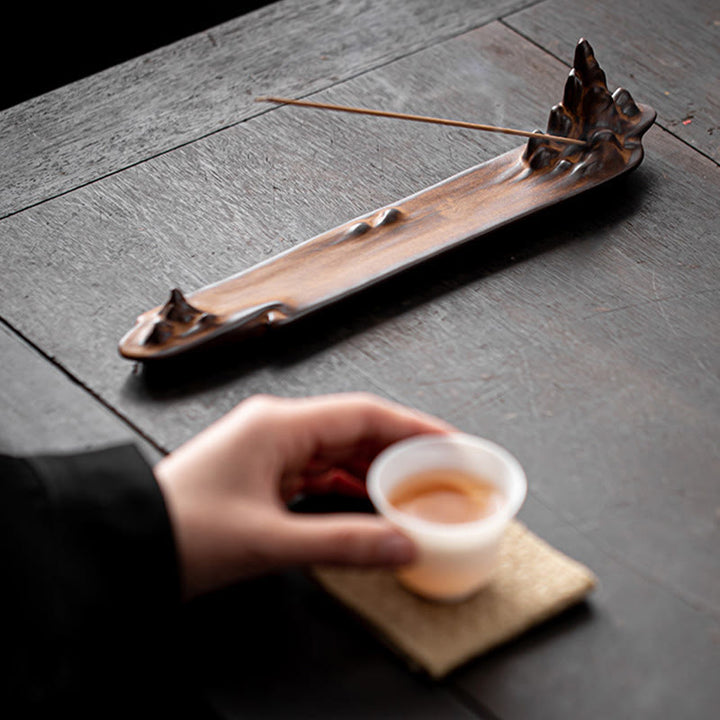 Quemador de incienso de cerámica con diseño de barco, montaña y Buddha Stones , curación espiritual, decoración