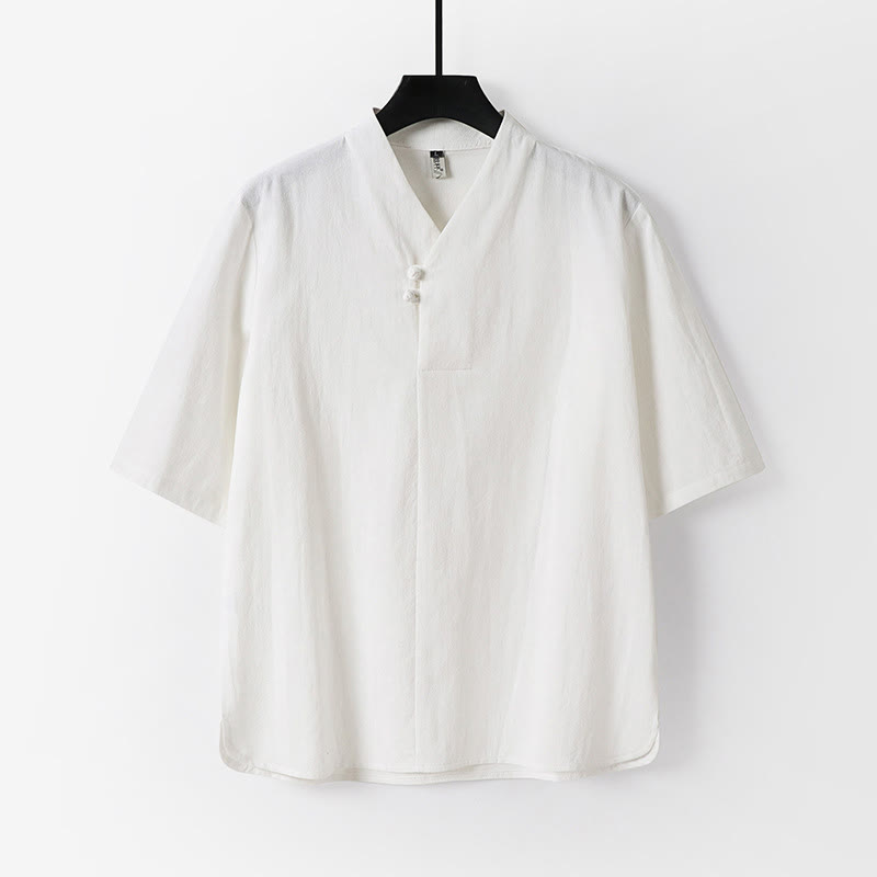 Camisa de lino y algodón con mangas tres cuartos y dos botones de color liso para hombre con estampado de Buddha Stones