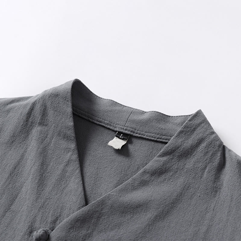 Camisa de lino y algodón con mangas tres cuartos y dos botones de color liso para hombre con estampado de Buddha Stones