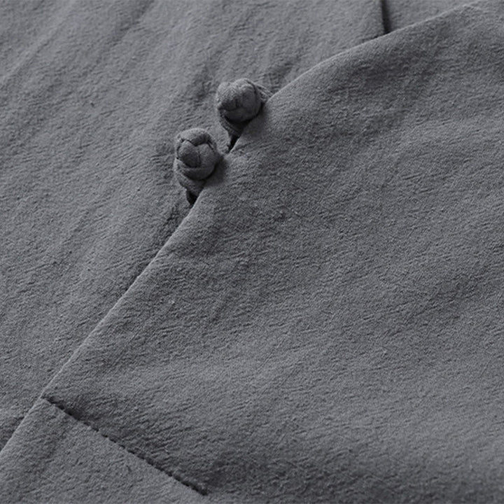 Camisa de lino y algodón con mangas tres cuartos y dos botones de color liso para hombre con estampado de Buddha Stones