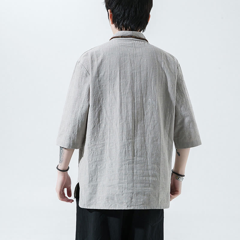 Camisa de lino y algodón con cuello en V, manga tres cuartos y dos botones, informal, de color liso, para hombre con Buddha Stones