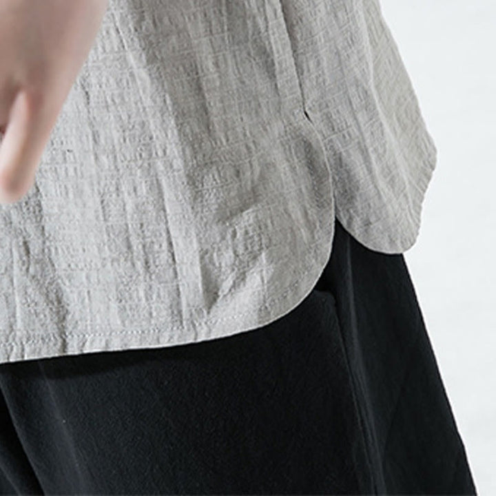 Camisa de lino y algodón con cuello en V, manga tres cuartos y dos botones, informal, de color liso, para hombre con Buddha Stones