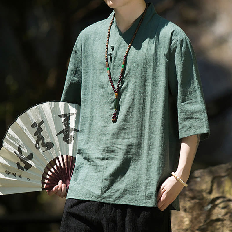 Camisa de lino y algodón con cuello en V, manga tres cuartos y dos botones, informal, de color liso, para hombre con Buddha Stones