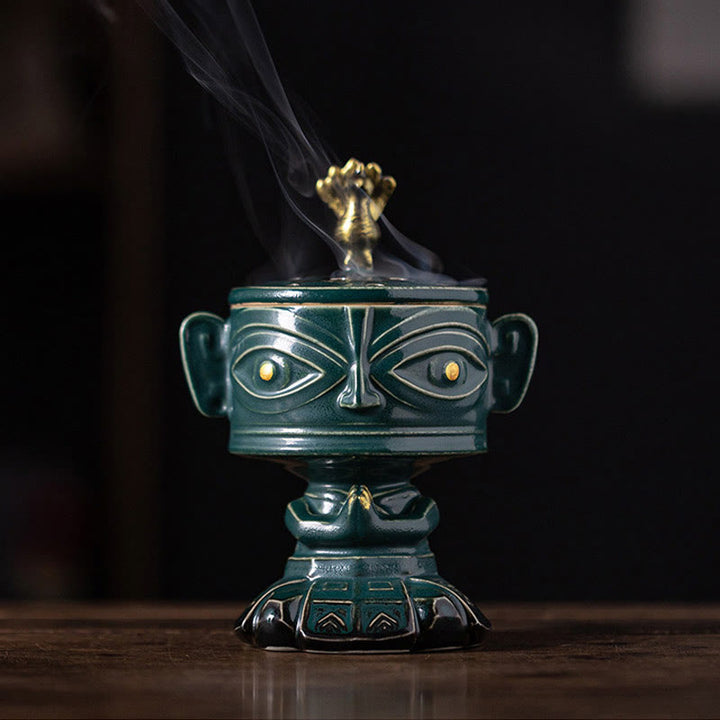 Quemador de incienso de cerámica curativo Sanxingdui con Buddha Stones para decoración de escritorio
