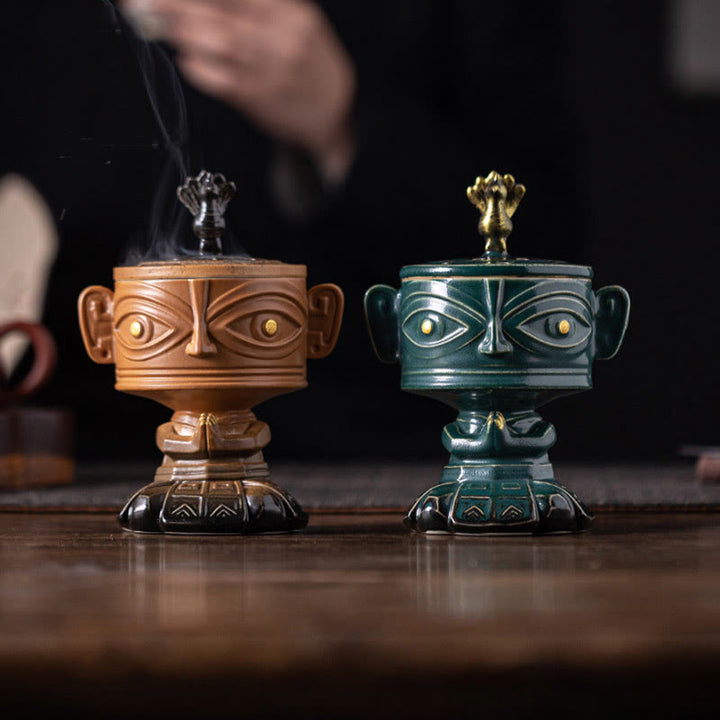 Quemador de incienso de cerámica curativo Sanxingdui con Buddha Stones para decoración de escritorio