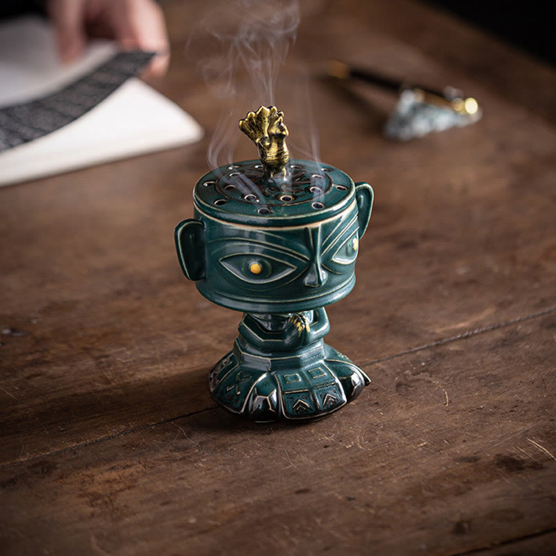 Quemador de incienso de cerámica curativo Sanxingdui con Buddha Stones para decoración de escritorio