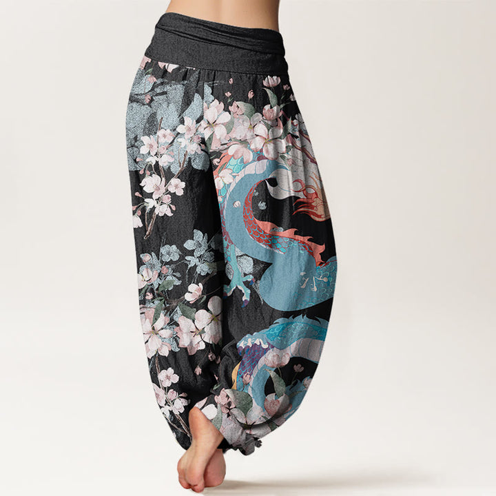 Pantalones harén con cintura elástica para mujer con diseño de flores de cerezo y dragón y Buddha Stones - image 2