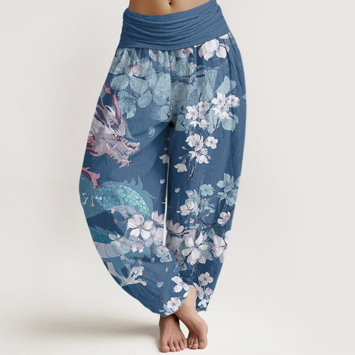 Pantalones harén con cintura elástica para mujer con diseño de flores de cerezo y dragón y Buddha Stones - Azul acero - US22,UK/AU26,EU54 (6XL) - image 5