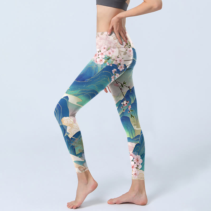 Leggings de yoga para mujer con estampado de flores de ciruelo, montañas y Buddha Stones - image 3