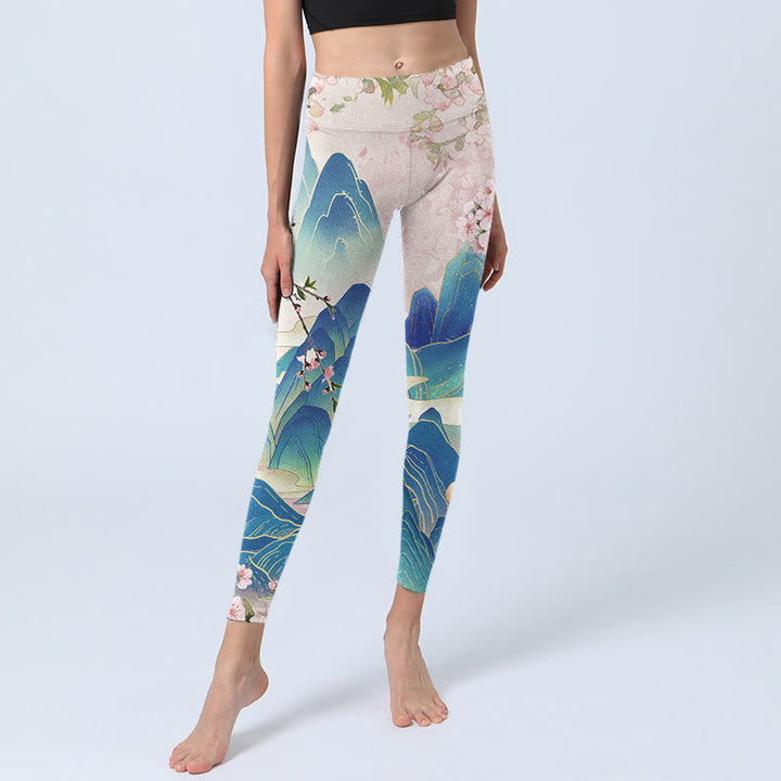 Leggings de yoga para mujer con estampado de flores de ciruelo, montañas y Buddha Stones - image 6