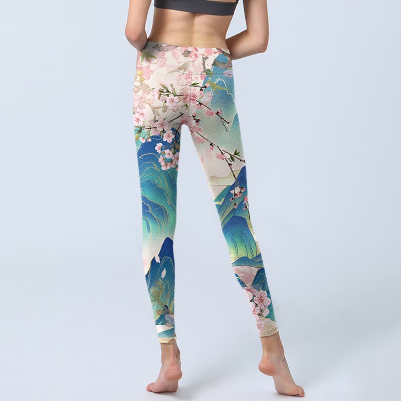Leggings de yoga para mujer con estampado de flores de ciruelo, montañas y Buddha Stones - image 7